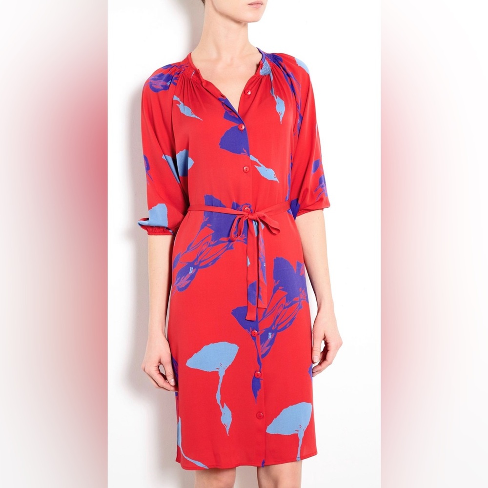 Tucker long sleeve button down tie waist red silk dress
